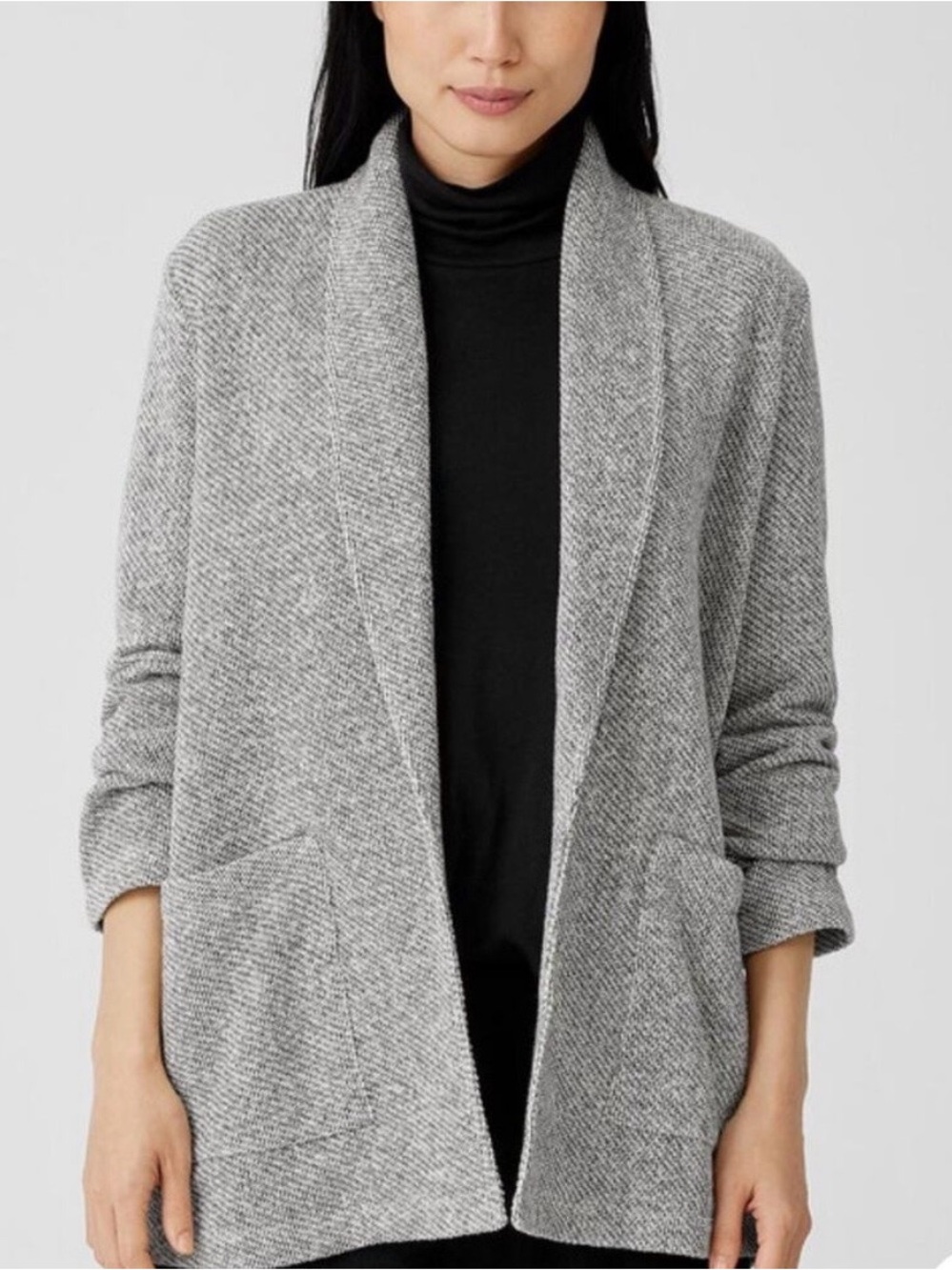 Eileen Fisher Light Gray Open-Front Shawl-Collar Organic Cotton Terry Cardigan